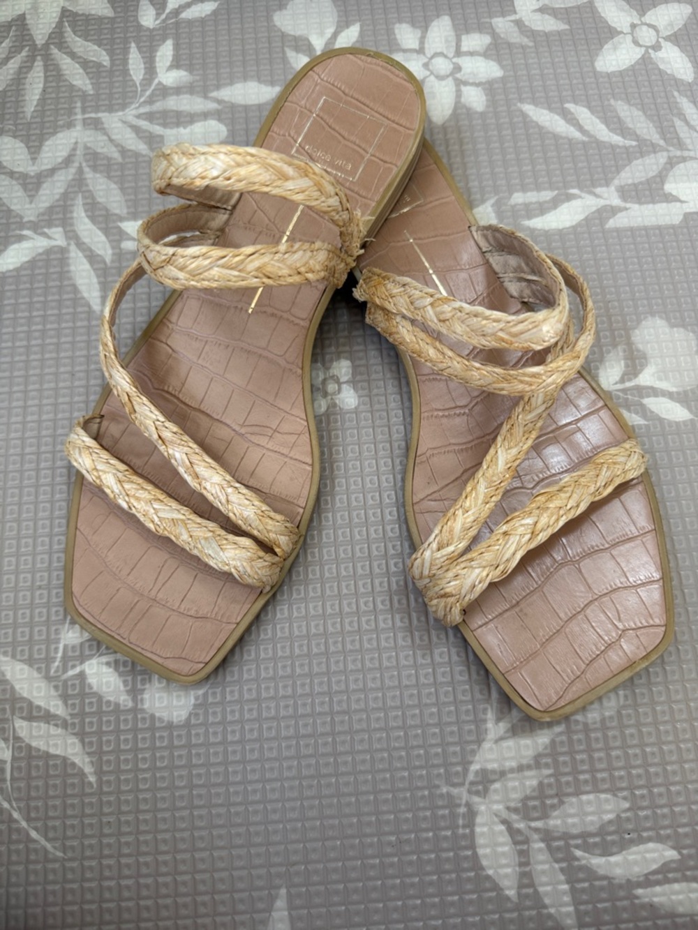 Dolce Vita Tan Raffia Square Toe Strappy Braided Strap Slide Sandals